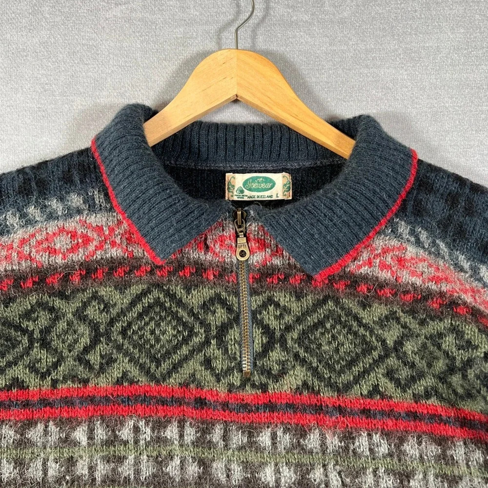 Icewear Nordic Fair Isle Quarter Zip Wool Sweater Mens Large Blue Gray Red
